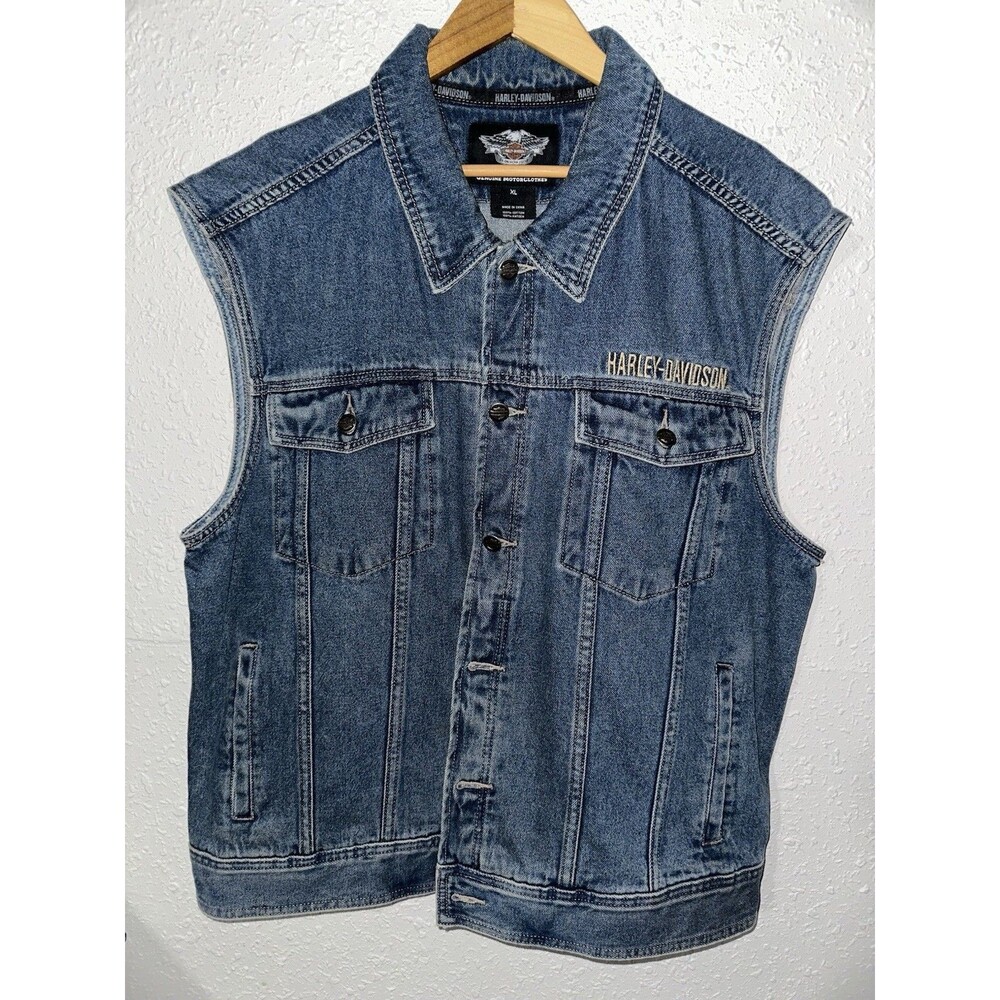 Harley Davidson Motorcycles Embroidered Denim Jean Vest Blue XL